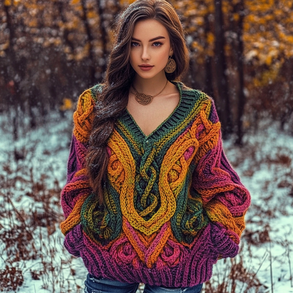 Vintage Celtic Knot Rainbow Irish V-neck Aran Sweater artswardrobe