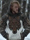 Men's Hooded Thick Sweater With Viking Style Tribal Totem And Wolf Totem Patterns artswardrobe