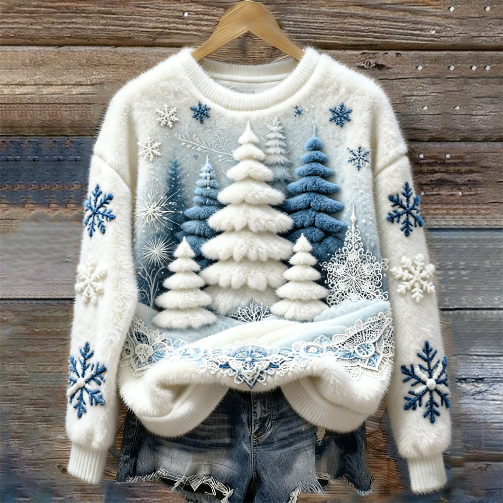 Christmas Tree & Snowflake Art Women's Cozy Plush Sweater artswardrobe