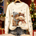 Cute Highland Cow And Snowman Art Plush Pattern Christmas Sweater artswardrobe