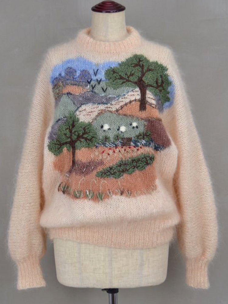 Landscape & Sheep Pattern Cozy Soft Knit Sweater elevenforest