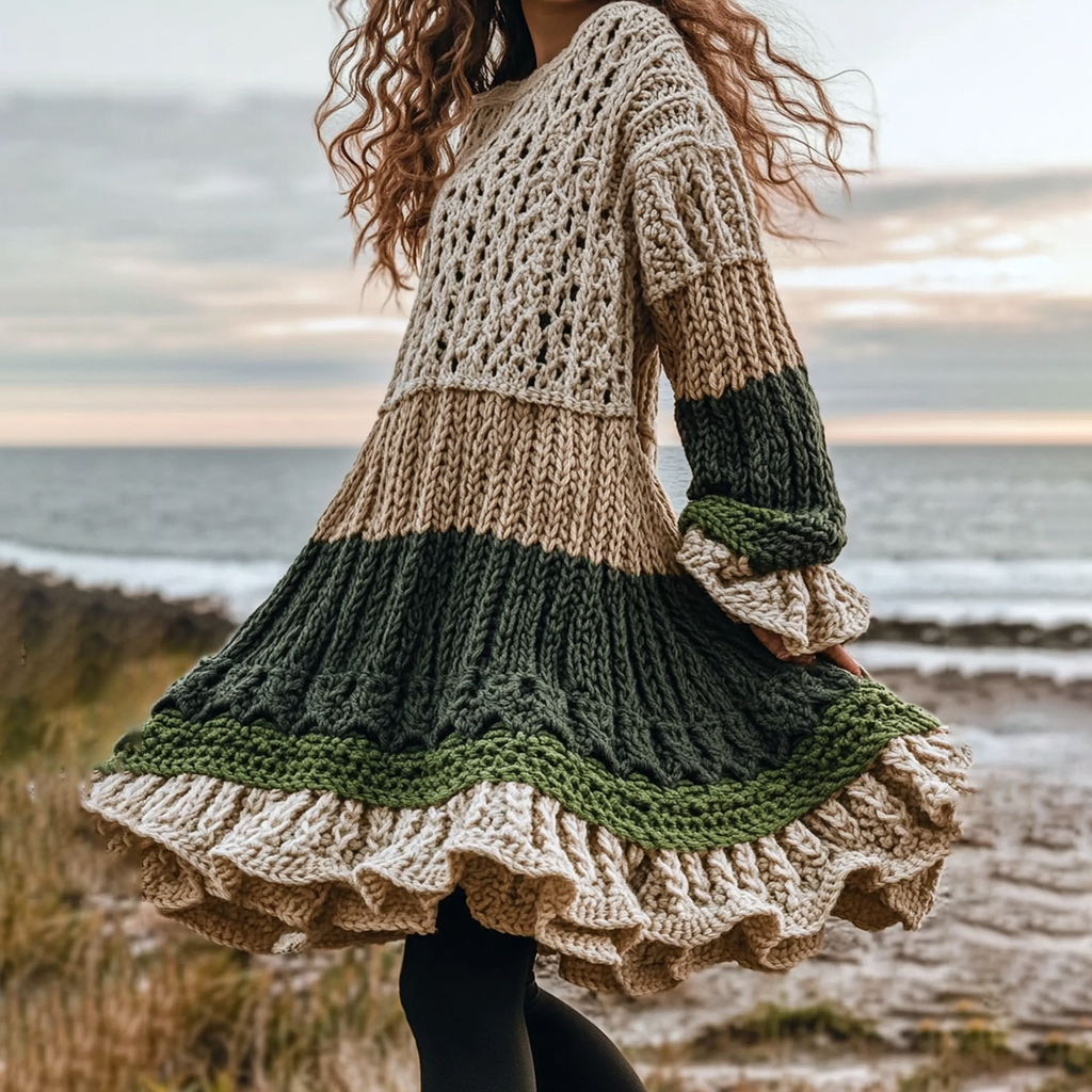 Women's Celtic Knotted Color Block Jacquard Crew Neck Sweater Dress artswardrobe