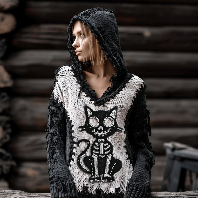 Halloween Black Cat Skeleton Contrast Stitched Hooded Cozy Knit Sweater elevenforest