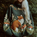 Forest Fox & Mushroom Embroidery Women's Knit Turtleneck Sweater elevenforest
