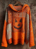 Halloween Pumpkin Face Glitter Sequins Patchwork Cozy Knit Hooded Sweater artswardrobe