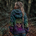 Women's Vintage Viking Skull And Rose Gradient Art Knit Hooded Sweater artswardrobe