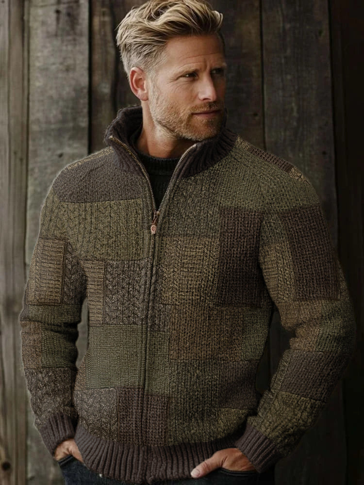 Men's Vintage Fairman Island Patchwork Pattern Zip Sweater elevenforest