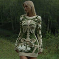 Women's Vintage Skeleton With White Rose Art Cozy Sweater Dress artswardrobe