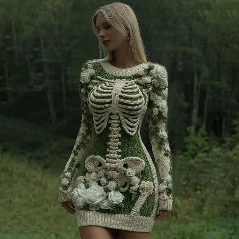 Comstylish Women's Vintage Skeleton With White Rose Art Cozy Sweater Dress