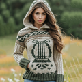 Women's Irish Celtic Knot Harp Jacquard Hooded Sweater elevenforest