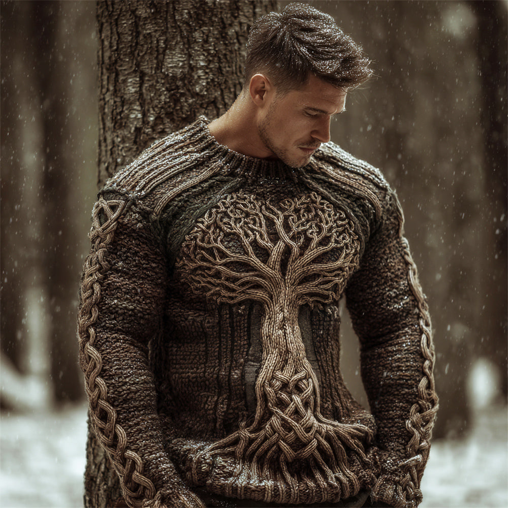 Vintage Nordic Myth Tree Of Life Men's Chunky Knit Crewneck Sweater artswardrobe
