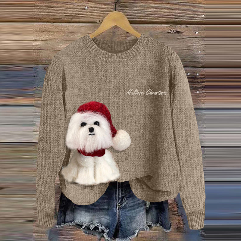 Comstylish Funny Maltese Christmas Wool Felt Art Cozy Sweater