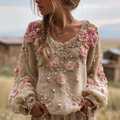 Bohemian Style Round Neck Long Sleeve 3d Floral Design Women's Sweater artswardrobe