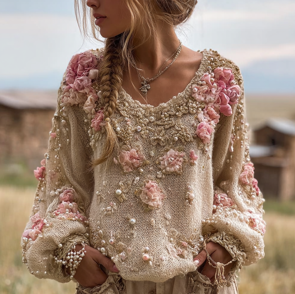 Bohemian Style Round Neck Long Sleeve 3d Floral Design Women's Sweater artswardrobe