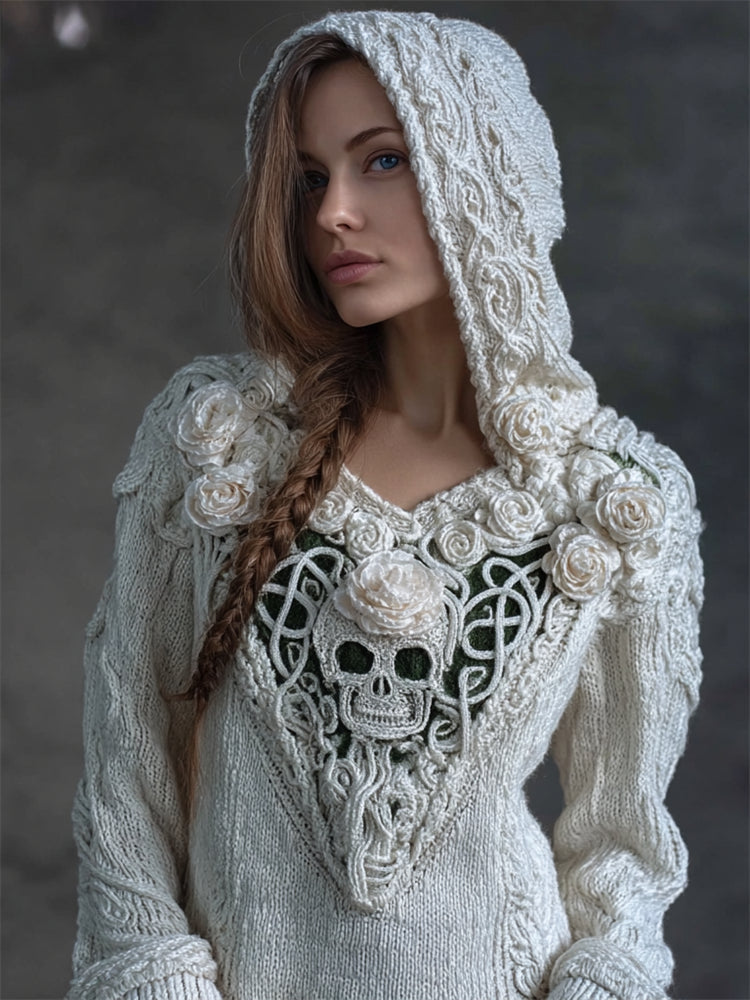 Comstylish Vintage White Roses Skull Celtic Hooded Cozy Knit Sweater