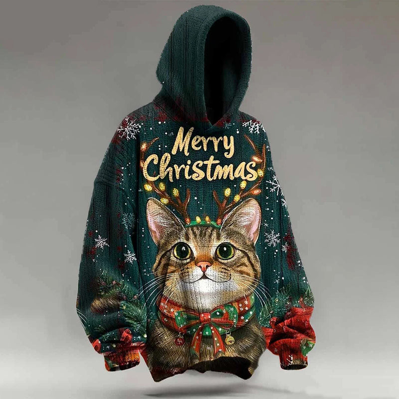 Christmas Cat Print Cozy Knit Hooded Sweater elevenforest