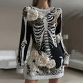 Comstylish Women's Halloween Skeleton Bones With Rose Art Cozy Knit Sweater Dress