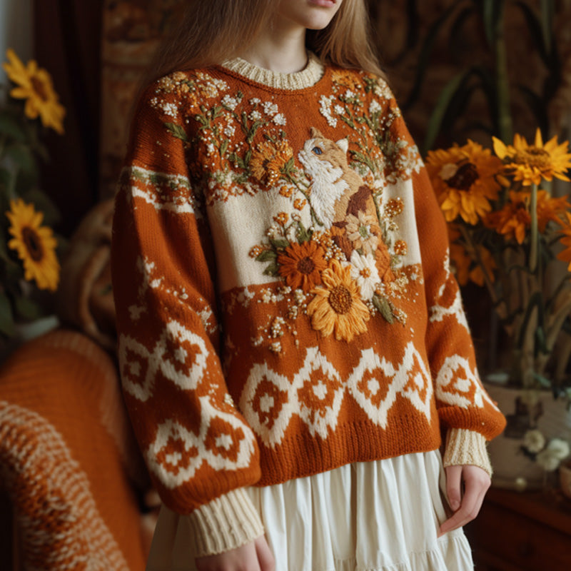 Comstylish Women's Vintage Halloween Sunflower And Cat Embroidered Sweater