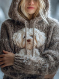 Comstylish Cute Fuzzy Dog Embroidered Soft Hooded Sweater
