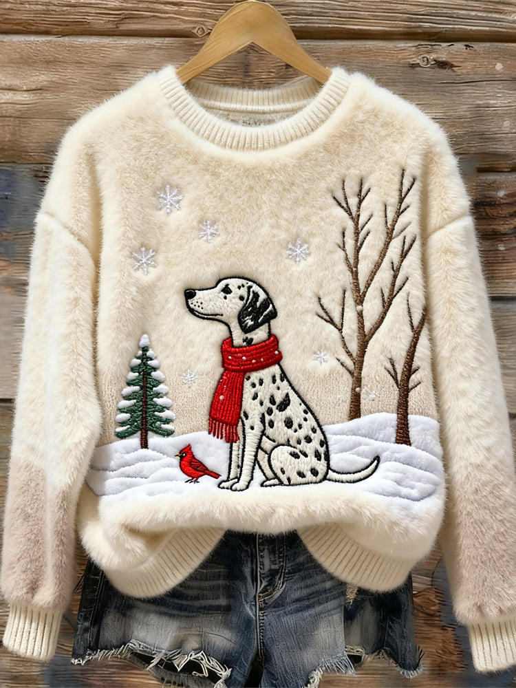 Christmas Forest Spotted Dog Women's Cozy Plush Sweater