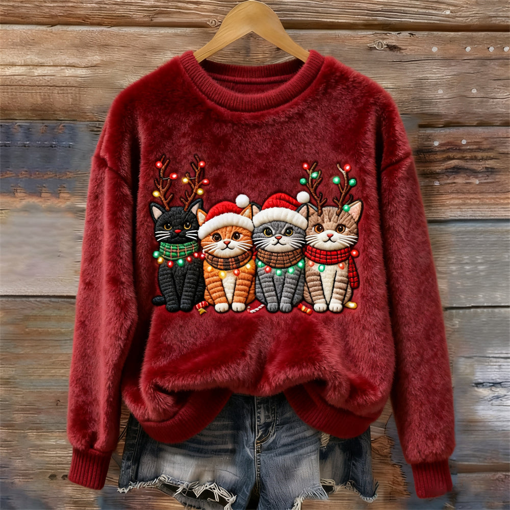 Christmas Lights Cat Women's Cozy Plush Sweater artswardrobe