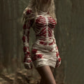 Comstylish Women's Vintage Red Rose Skeleton Art Cozy Knit Mini Sweater Dress