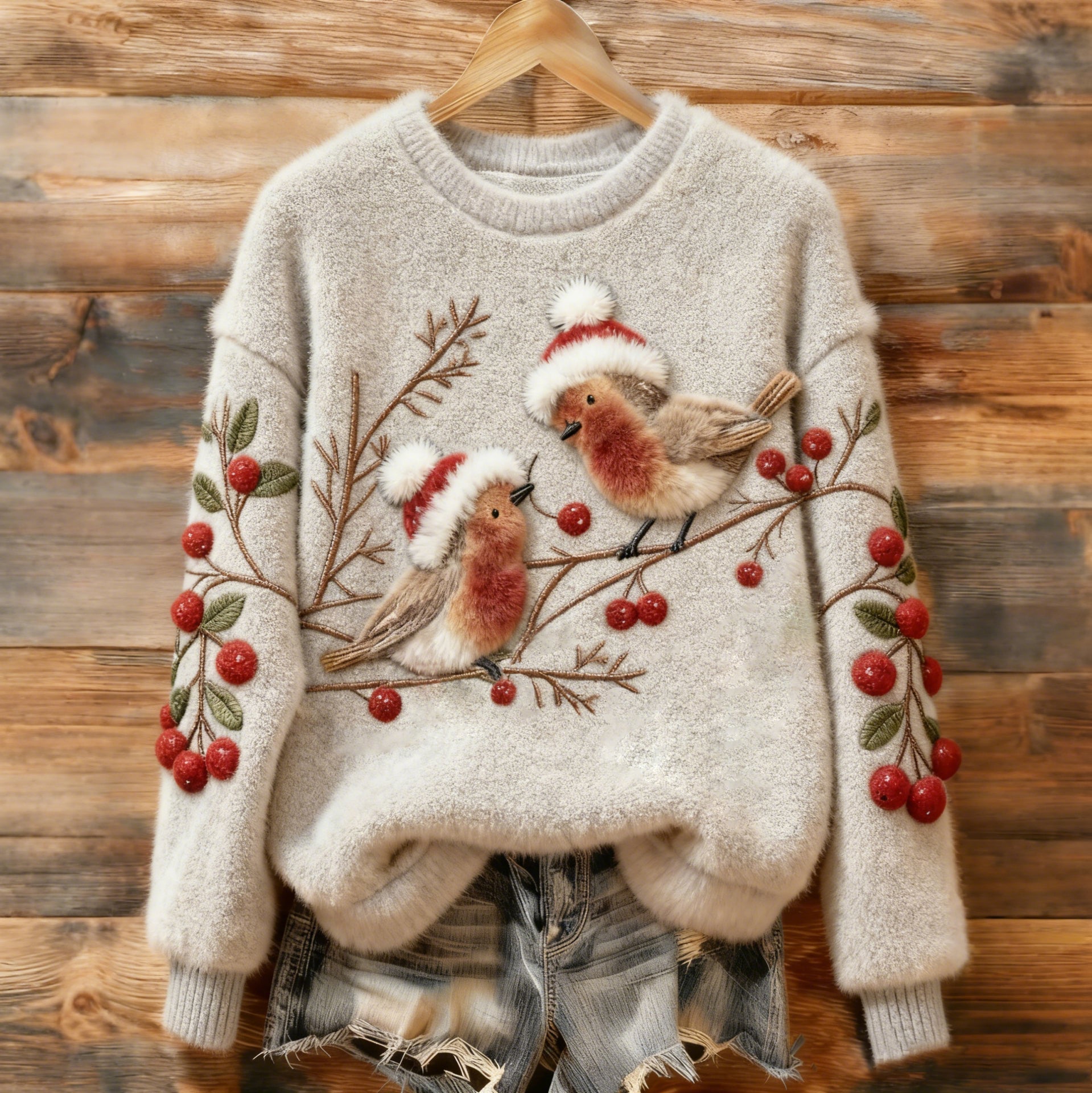Comstylish Women's Christmas Two Robins Art Cozy Plush Sweater