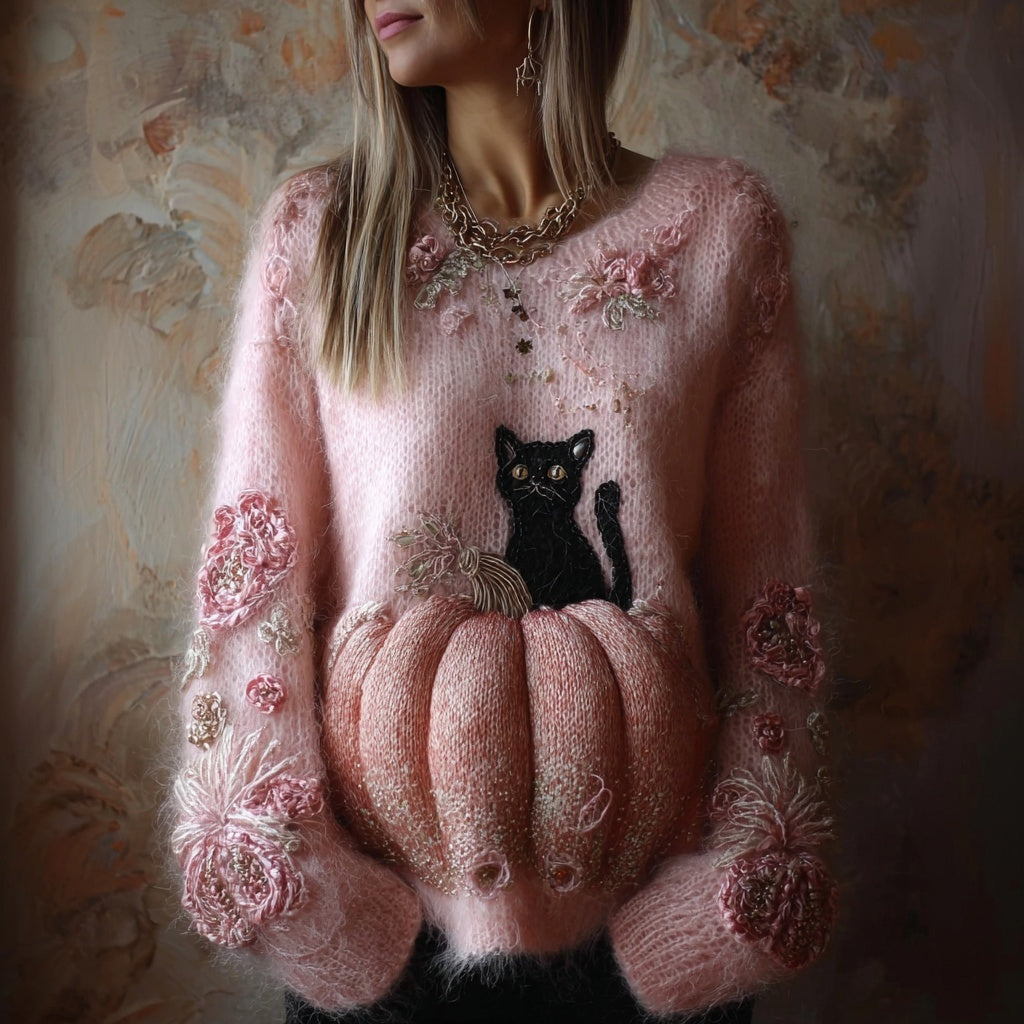 Classy Black Cat Pumpkin Embroidered Cozy Knit Sweater elevenforest