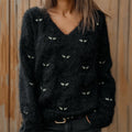 Black Cat Faces Embroidered Fuzzy Cozy Knit Sweater artswardrobe