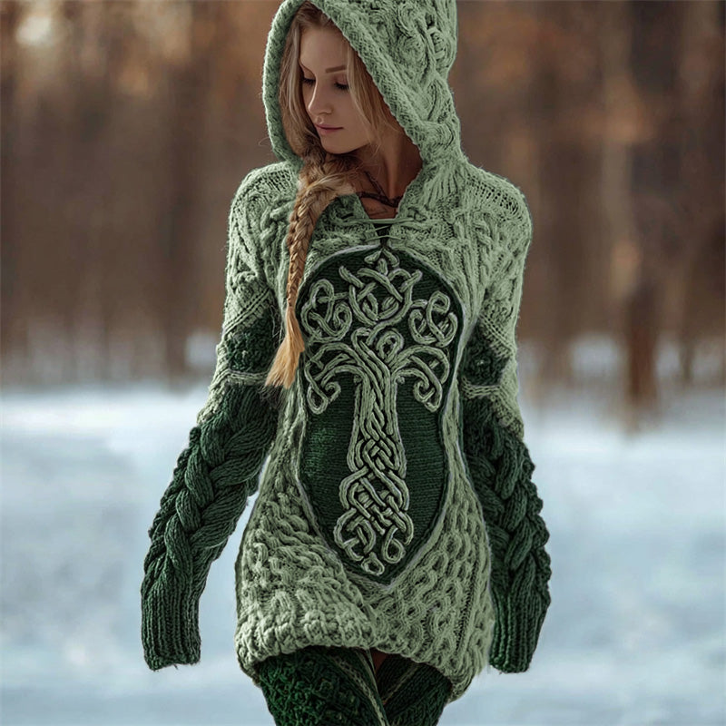Viking Tree Of Life Celtic Contrast Cozy Chunky Hooded Sweater artswardrobe