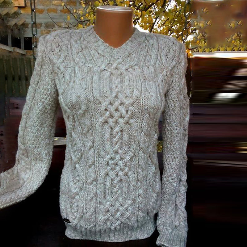 Woman Aran Jacquard Weave V Neck Cozy Warm Sweater artswardrobe