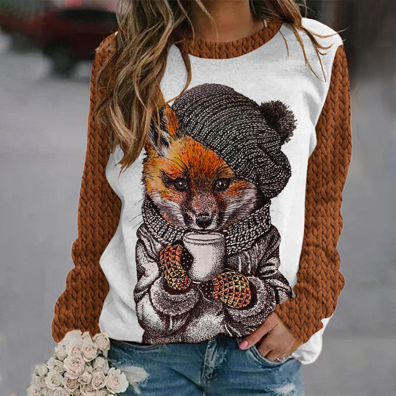 Women's Fox Coffee Print Round Neck Cozy Knit Sweater artswardrobe