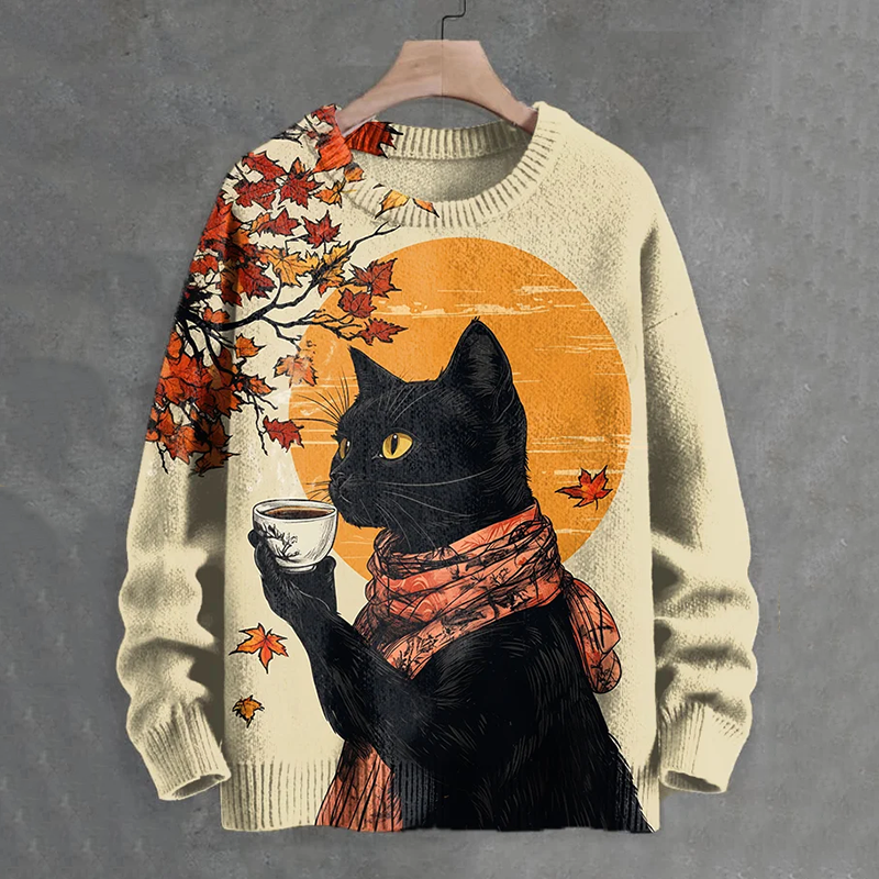 Men's Scarf Black Cat Drinking Coffee Maple Leaf Art Print Knit Crew Neck Sweater elevenforest