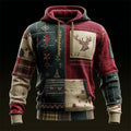 Comstylish Vintage Christmas Reindeer Plaid Patchwork Hooded Sweater