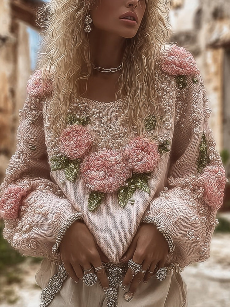 Women's Vintage Floral Round-neck Long-sleeved Warm And Thick Sweater artswardrobe