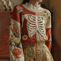 Comstylish Women's Skeleton & Floral Art Crew Neck Cozy Sweater