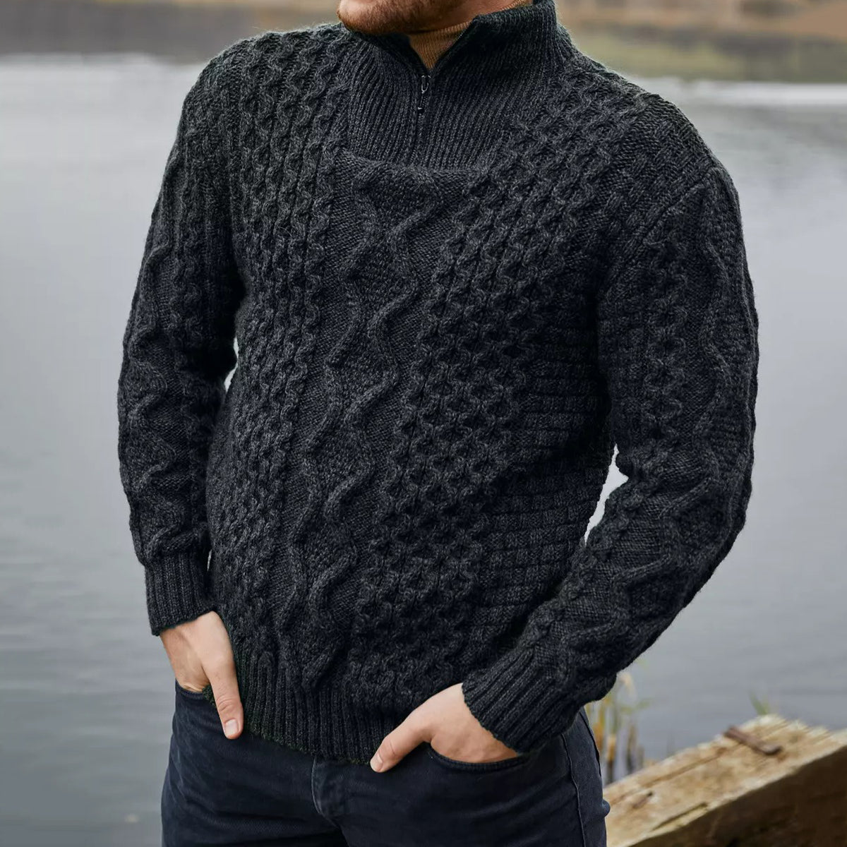 Men'S Vintage Cable Knit Aran Zip Neck Turtleneck Sweater artswardrobe
