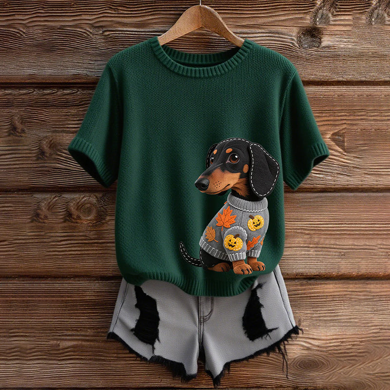 Classic Autumn Dachshund With Felt In Autumn Inspired Embroidered Short Sleeve Cozy Knit Sweater artswardrobe