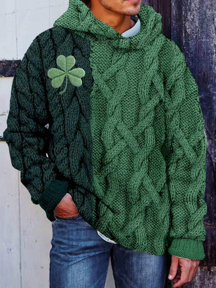 Men's Shamrock Embroidered Jacquard Cozy Hooded Sweater artswardrobe