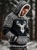 Comstylish Celtic Knot & Christmas Elk Men's Fur Trim Hooded Sweater