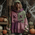 Halloween Faces Colorblock Patchwork Knitted Hooded Sweater elevenforest