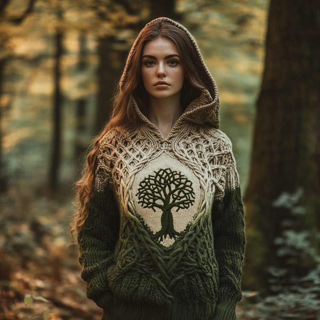 Women's Celtic Tree Of Life Jacquard Contrast Hooded Sweater artswardrobe