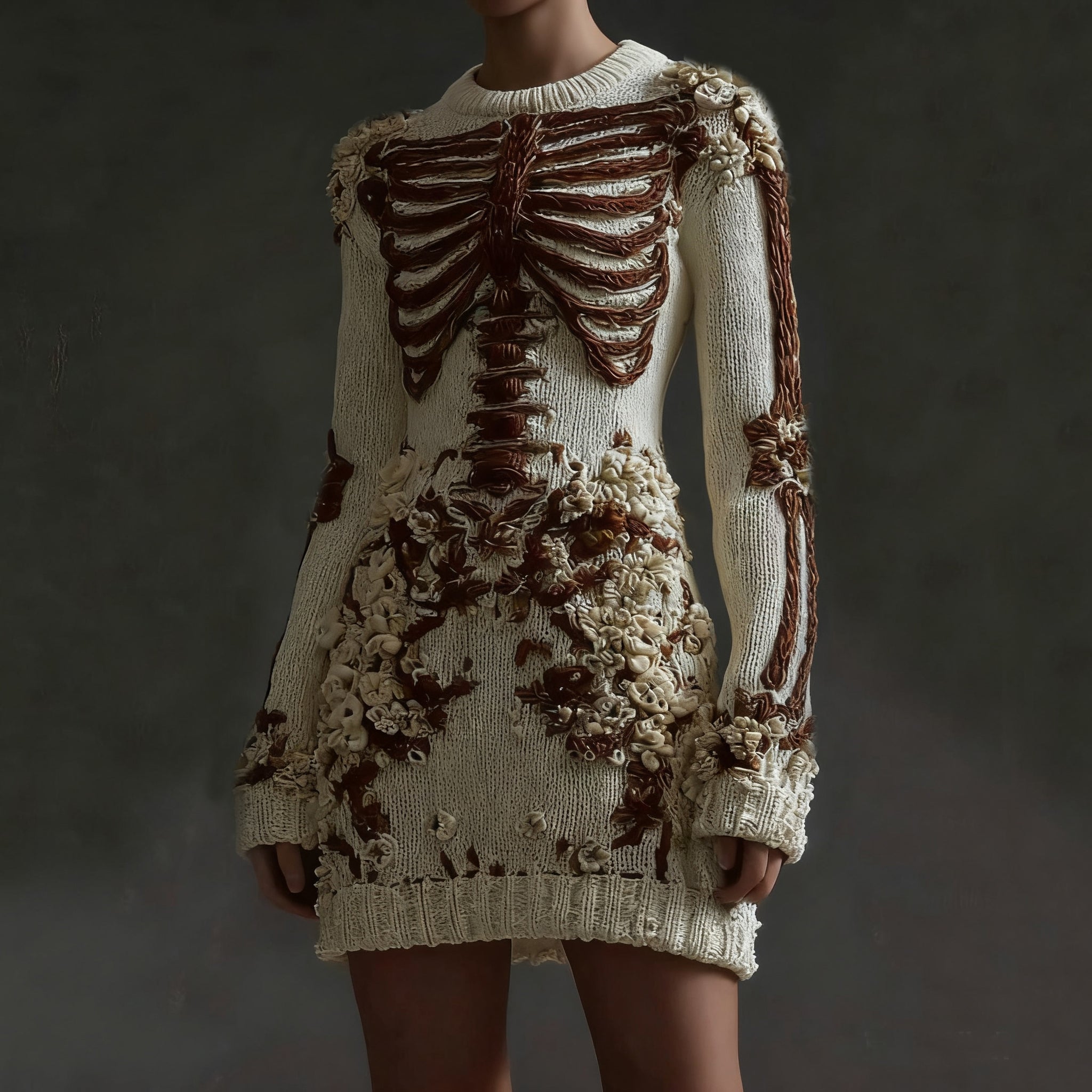 Comstylish Women's Halloween Skeleton Flower Art Gothic Knitt Mini Sweater Dress