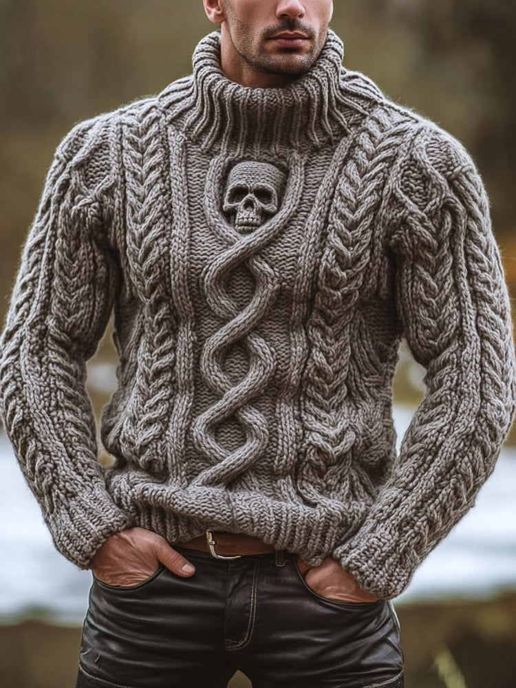 Men's Vintage Skull Celtic Chunky Knit Turtleneck Sweater elevenforest