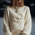 Comstylish Lovely Fuzzy Cat Embroidered Round Neck Cozy Knit Sweater