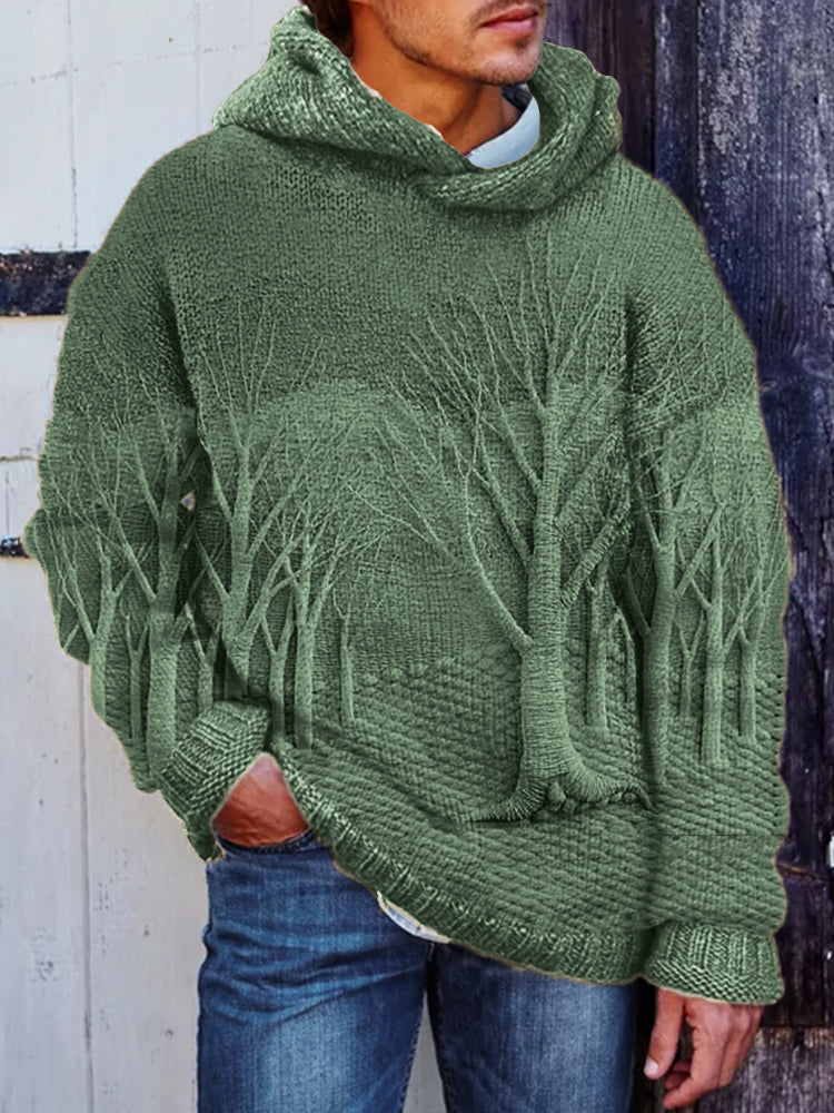 Men's Winter Forest Landscape Crochet Cozy Hooded Sweater artswardrobe