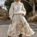 Vintage Rose Pattern Cable Knit Sweater And Linen Skirt Two-piece Set artswardrobe