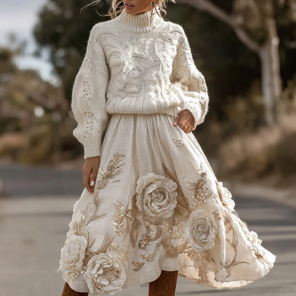 Vintage Rose Pattern Cable Knit Sweater And Linen Skirt Two-piece Set artswardrobe