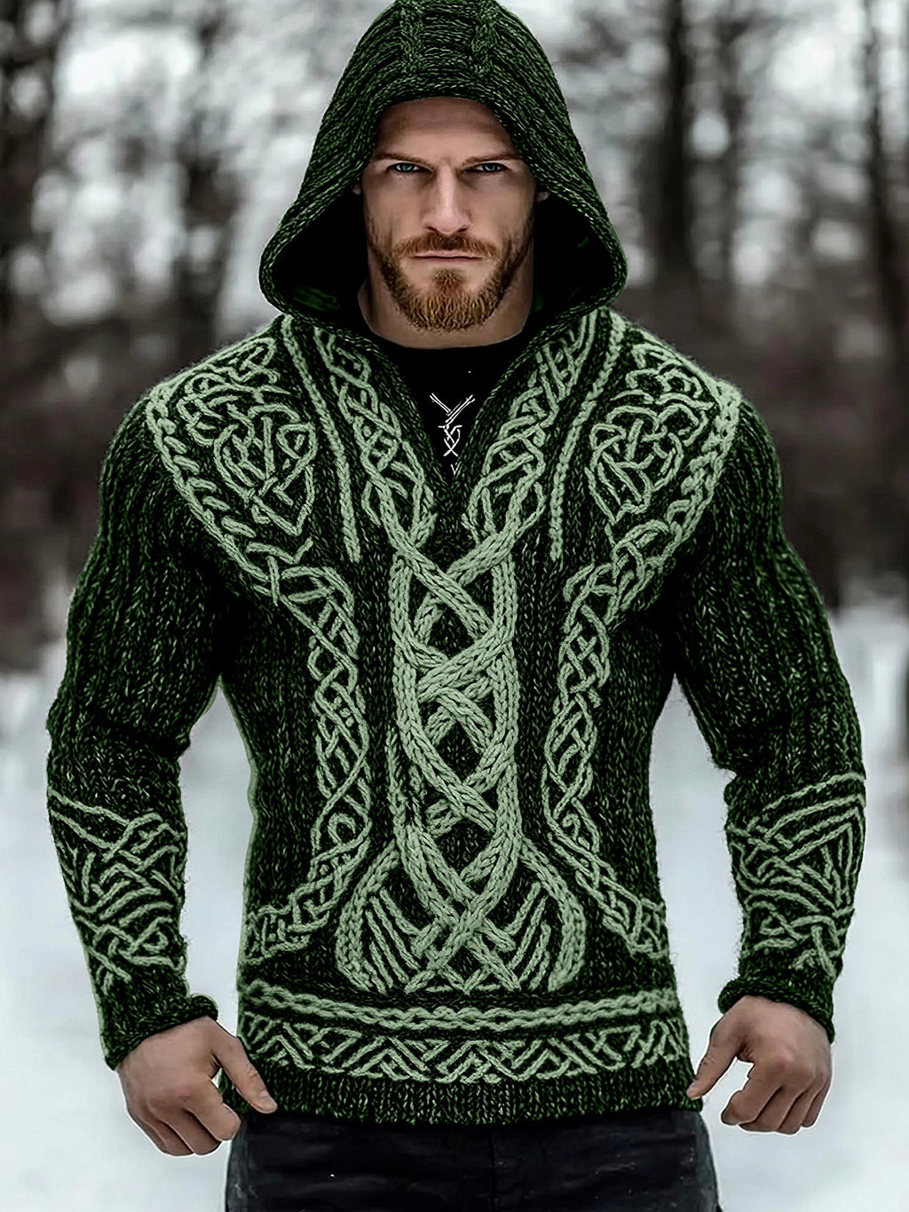 Men's Viking Tribal Jacquard Inspired Celtic Hooded Sweater artswardrobe