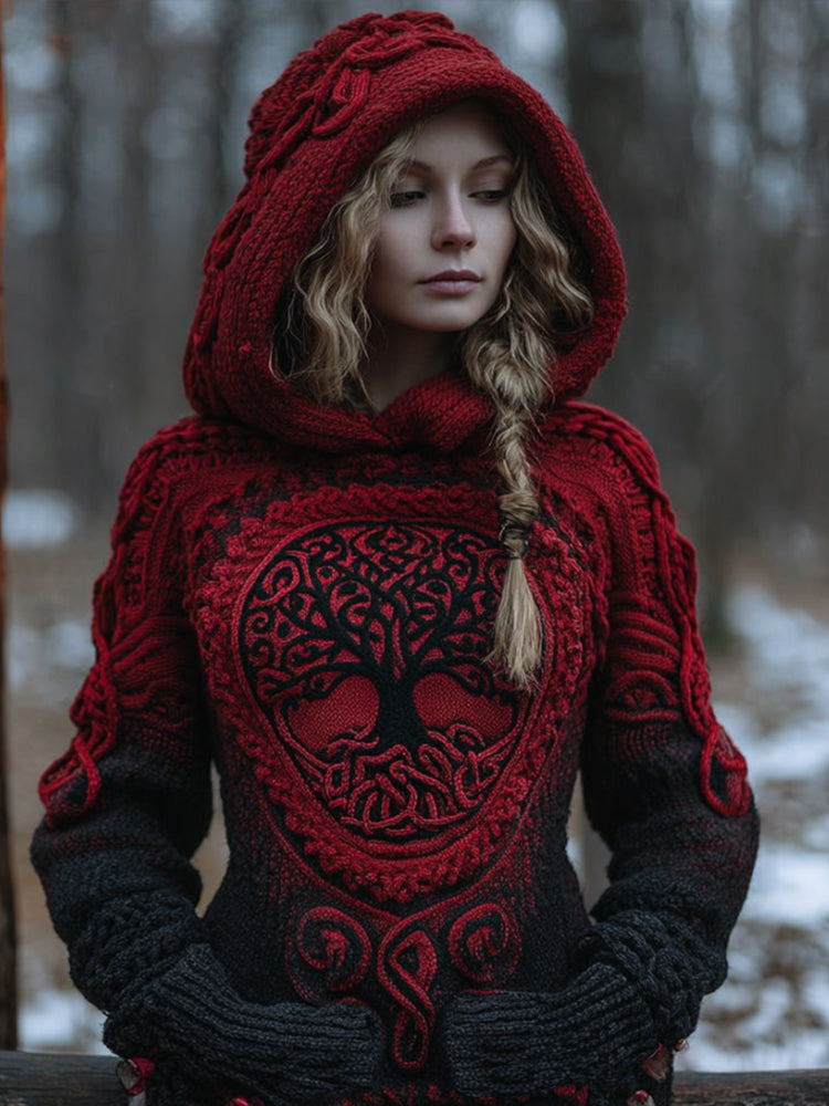 Women's Viking Style Tree Of Life Celtic Knot Gradually Changing Color Warm Hooded Sweater artswardrobe